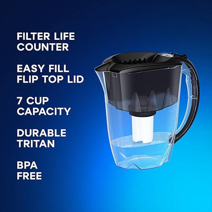 AQUAPHOR Ideal 7 Cup Water Filter Pitcher incl. 3 B15 Filter Black I Compact Fridge Water Filter I fits Inside Refrigerator Door I Reduces limescale & Chlorine I Water jug for Seven Cups