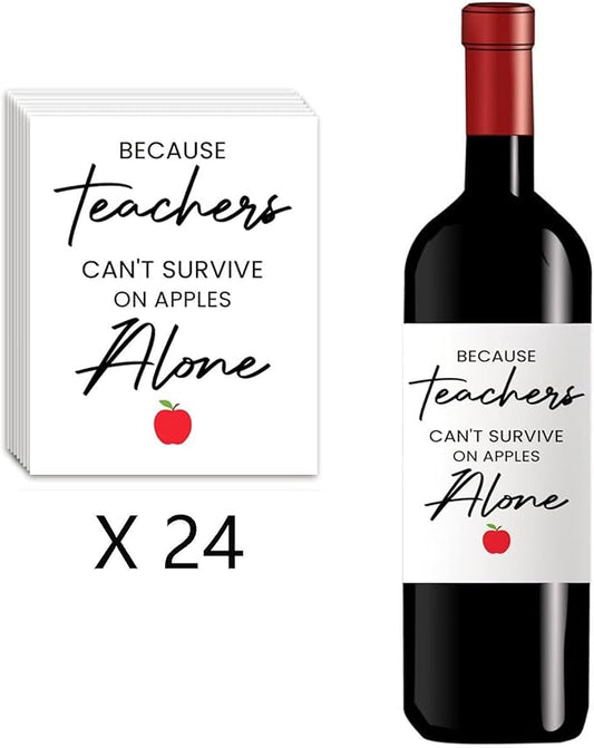 24Pcs Teachers Wine Labels, Teachers Gifts for Teachers, Teacher Retirement Appreciation Farewell Birthday Gifts, Because Teachers Can't Survive On Apples Alone Wine Bottle Stickers Labels