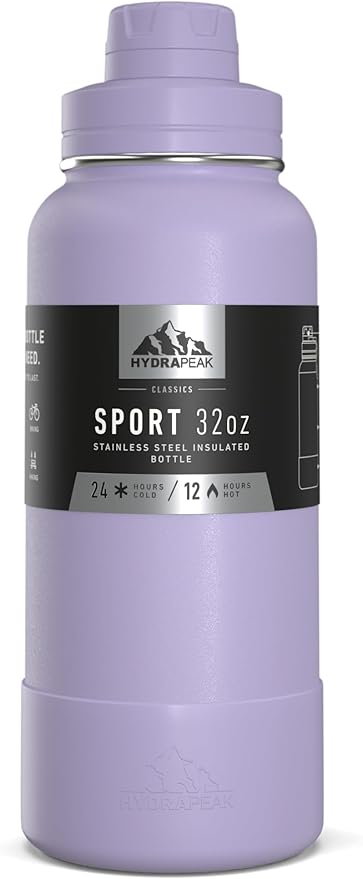 Hydrapeak 32oz Sport Insulated Water Bottle with Chug Lid, Leak & Spill Proof, Keeps Drinks Cold for 24 Hours, Hot for 12 Hours, Premium Stainless Steel Water Bottles (32oz, Orchid)
