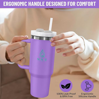 40oz stainless Steel Insulated Tumbler with Handle, lid and straw for cold water, Iced tea, or coffee - 100% Leak-Proof - Cupholder Friendly Travel Mug- Gifts for Women Men Him Her (Purple)