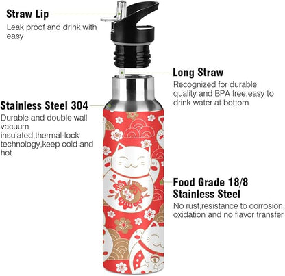 ALAZA Lucky Cat Maneki Neko Red Water Bottle With Straw Lids Boys Girls,Vacuum Insulated Leakproof Stainless-Steel Sports Bottle Thermal Flask For Gym Yoga Camping,34Oz (1000Ml)