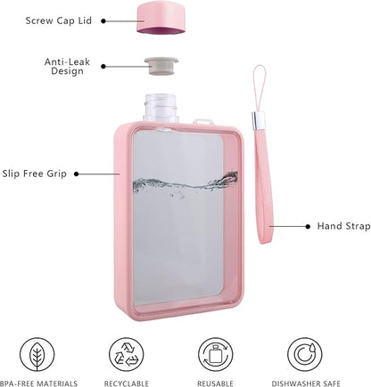 Flat Water Bottle, Portable A5 Water Bottle, 13oz Flat Travel Flask for Camping Fitness Gym (Pink)