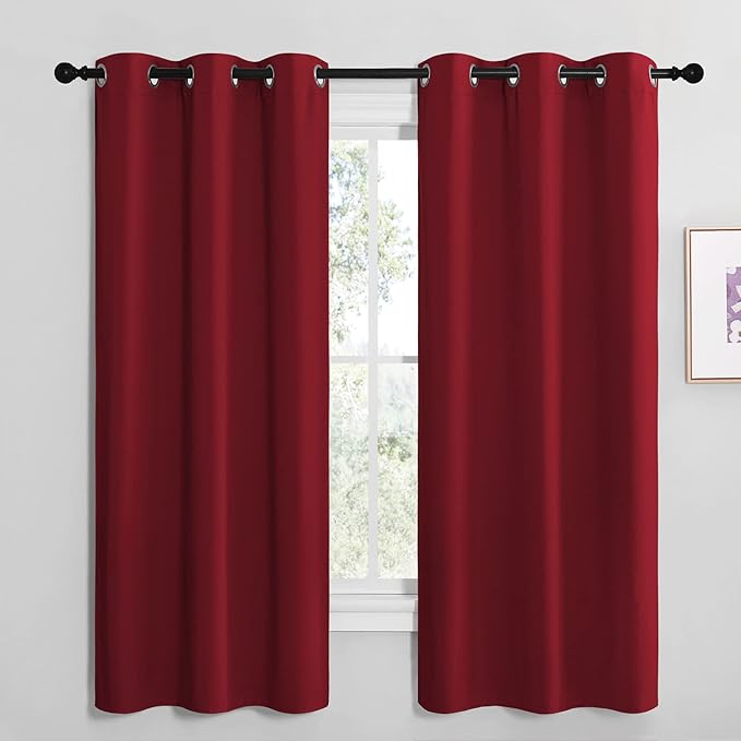 NICETOWN Christmas Burgundy Red Kitchen Blackout Curtain Panels, Thermal Insulated Grommet Top Blackout Draperies and Drapes for Basement (2 Panels, W42 x L68-inch)