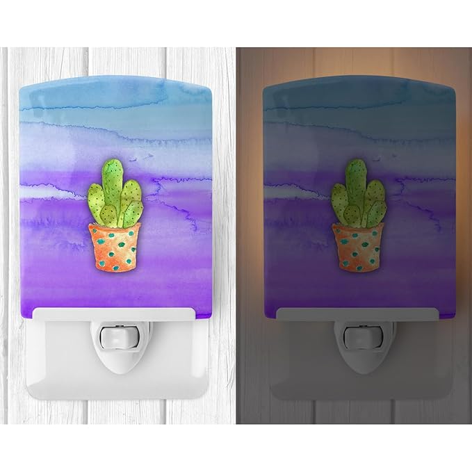 Caroline's Treasures BB7363CNL Cactus Blue and Purple Watercolor Ceramic Night Light Compact, UL-Certified, Ideal for Bedroom, Bathroom, Nursery, Hallway, Kitchen, 6x4x3, Multicolor