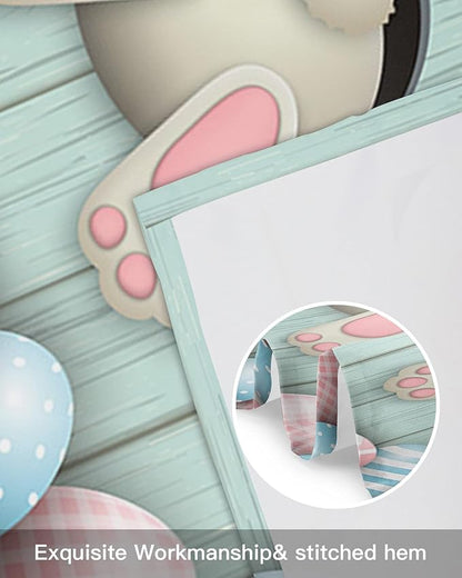 Happy Easter Valances Kitchen Curtains for Windows, Easter Bunny Tails Eggs Rabbit Spring Decor Rod Pocket Valances Blue Farmhouse Wood Short Curtains for Bedroom/Living Room,54" X 18" -1 Panel