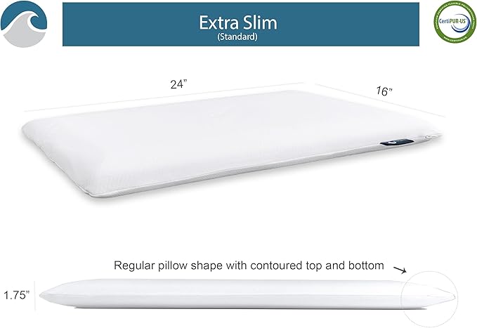 Bluewave Bedding Extra Slim Gel Memory Foam Pillow for Stomach and Back Sleepers - Thin, Flat Design for Cervical Neck Alignment and Deeper Sleep (1.75-Inches Height, Standard Size)