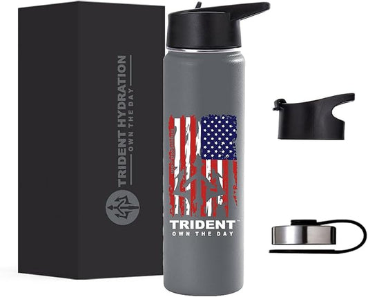 American Flag Water Bottle, 21 oz Insulated Water Bottle, Reusable Water Bottle with Straw, Leak Proof Water Bottles, Thermos Water Bottle - Retired Navy Combat Vet Small Business (Gray, 21 Oz)