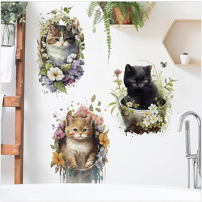 Cute Cat Wallpaper Murals for Nursery Room Toilet Kitchen Offices,Plant Pot Wall Stickers for Living Room Bedroom