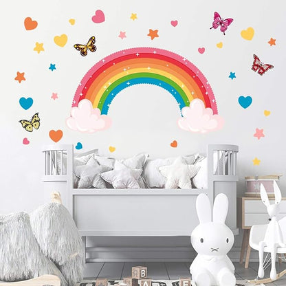 Rainbow Wall Decals Colourful Butterflies Cloud Wall Stickers Large Rainbow Removable Wall Art Murals Peel and Stick Wall Decoration for Bedroom Living Room Kids Bedroom Baby Nursery