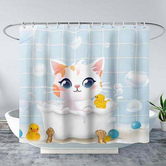 AILONEN Cartoon Bathtub Cat Shower Curtain for Kids 60" W*72" H Kawaii Shower Kitten and Duck Shower Curtain,Polyester Waterproof Fabric Decor for Bathroom Bathtub Panels