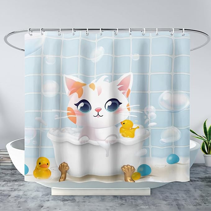 AILONEN Cartoon Bathtub Cat Shower Curtain for Kids 72" W*78" H Kawaii Shower Kitten and Duck Shower Curtain,Polyester Waterproof Fabric Decor for Bathroom Bathtub Panels