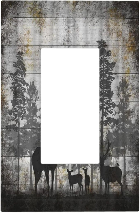 Rustic Deer Forest Vintage Wood Board 1 Gang Rocker Boho Light Switch Covers Decorative Country Unique Single Decora Outlet Wall Plate Faceplate Switchplate GFCI for Farmhouse Bedroom