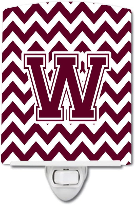 Caroline's Treasures CJ1051-WCNL Letter W Chevron Maroon and White Ceramic Night Light Compact, UL-Certified, Ideal for Bedroom, Bathroom, Nursery, Hallway, Kitchen, 6x4x3, Multicolor