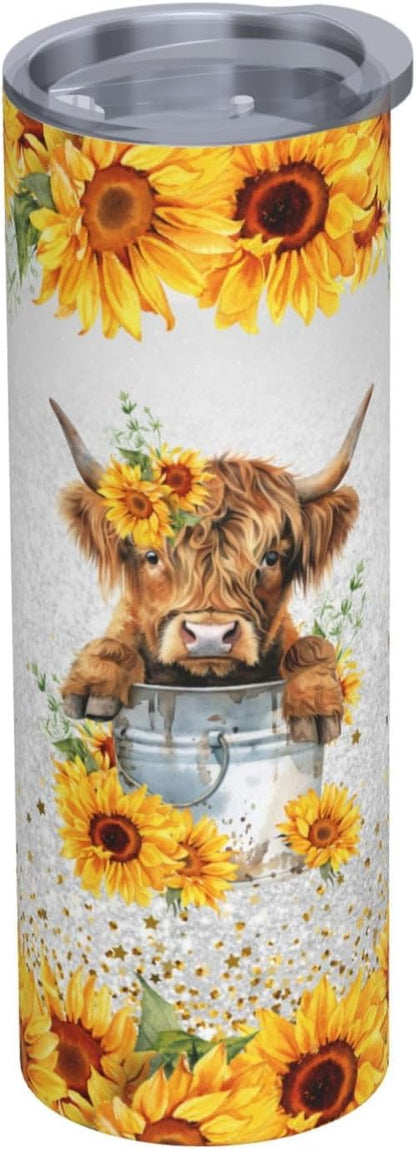 Highland Cow Tumbler Highland Cow Gifts Highland Cow Tumbler With Lid 20oz Stainless Steel Cow Sunflower Gifts For Women Mom Reusable Bottle For Hot & Cold Drinks Tea Cup Iced Coffee Travel Mug
