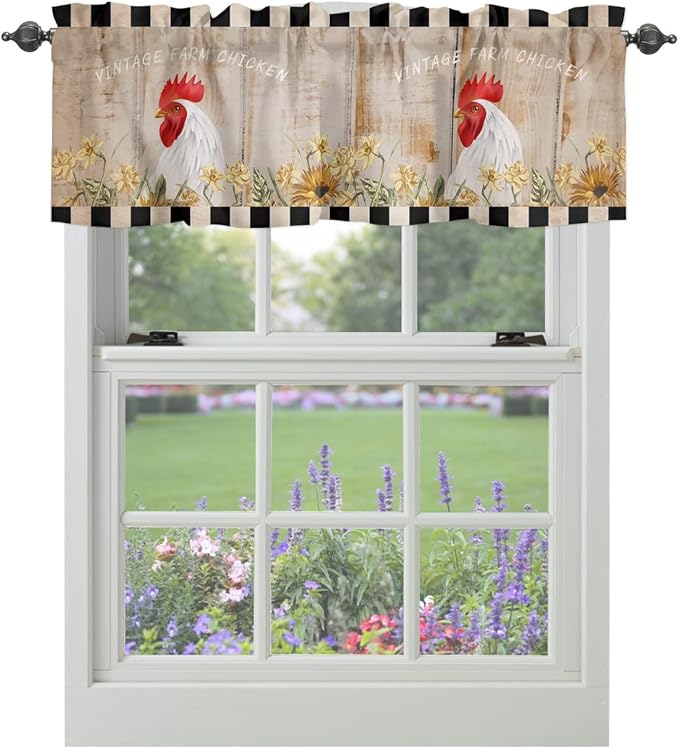 Farmhouse Kitchen Curtains Valances for Windows Sunflower Vintage Farm Chicken Rod Pocket Window Treatment for Kitchen/Living Room/Bedroom/Bathroom,42" X 18" -1 Panel, Black White Plaid