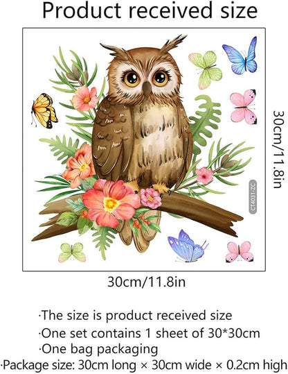 Owl On A Branch Wall Decal Butterfly Flower Wall Stickers Peel and Stick Living Room Bedroom Bathroom Kitchen Nursery Window Glass Decorative Art Murals 11.8in*11.8in