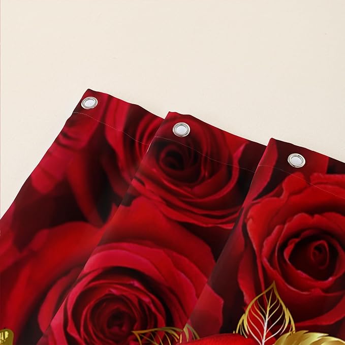 AILONEN Red Rose Couple Shower Curtain,Red and Gold Hearts Printed Bath Curtain,Modern Waterproof Luxury Rose Themed Bathroom Decor, 72" W x 78" H