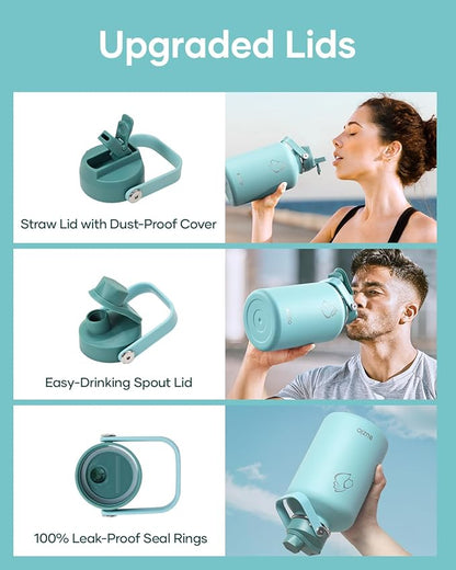 64 oz Insulated Water Bottle BUZIO Half Gallon Stainless Steel Water Jug with Carrying Pouch and Straw Lid, Keep Cold 48h Lead-Free Double Wall Vacuum Sports Flask Metal Canteen for Gym Camping, Green