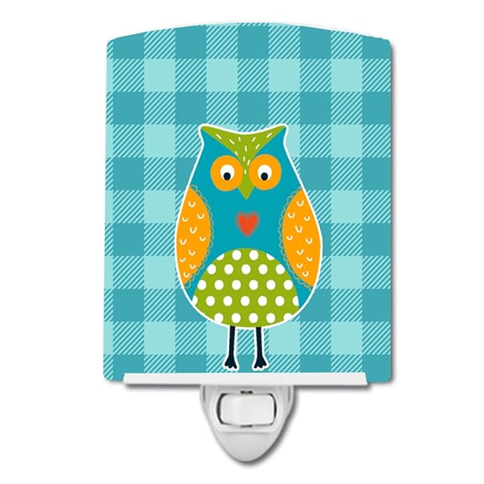Caroline's Treasures BB6755CNL Owl on Blue Plaid Ceramic Night Light Compact, UL-Certified, Ideal for Bedroom, Bathroom, Nursery, Hallway, Kitchen, 6x4x3, Multicolor