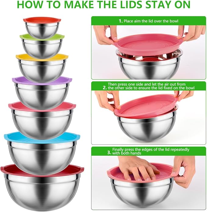 Mixing Bowls with Lids for Kitchen - 26 PCS Stainless Steel Nesting Colorful Mixing Bowls Set for Baking,Mixing,Serving & Prepping,Size 5, 3.7, 2.8, 2.3, 1.7, 1.1, 0.7QT,12 Cooking Utensils
