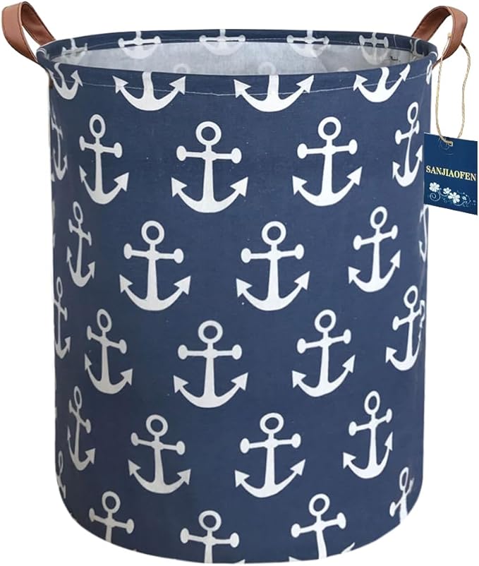 Kids Hamper,Collapsible Laundry Baskets,Waterproof Storage Baskets with Leather Handle,Nautical Decor,Toy Organizer (Navy Blue Anchor)