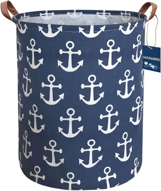 Kids Hamper,Collapsible Laundry Baskets,Waterproof Storage Baskets with Leather Handle,Nautical Decor,Toy Organizer (Navy Blue Anchor)