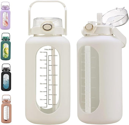 74 oz Glass Water Bolttles with Straw Large Motivational Water Bottle with Time Marker Sports Water Bottles with Silicone Sleeve and Handle Lid 2.2L Water Jug for Gym Workout