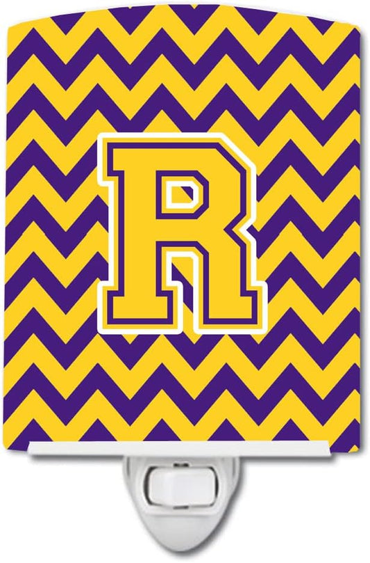 Caroline's Treasures CJ1041-RCNL Letter R Chevron Purple and Gold Ceramic Night Light Compact, UL-Certified, Ideal for Bedroom, Bathroom, Nursery, Hallway, Kitchen, 6x4x3, Multicolor