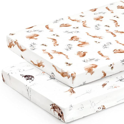 GRSSDER Stretchy Ultra Soft Jersey Knit Pack and Play Sheets 2 Pack, Portable/Mini Crib Sheets Universal Fitted for Playpen Mattress Safe and Snug, Stylish Cute Animal Print Baby Sheets