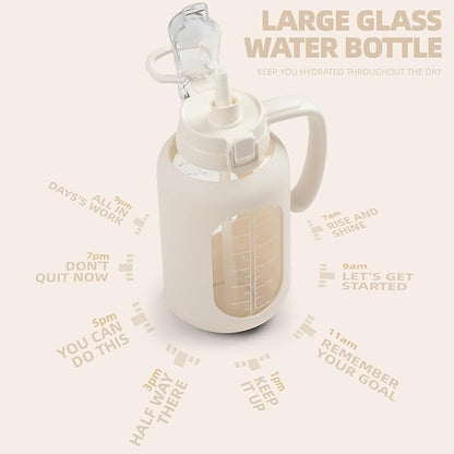 64 oz Glass Water Bolttles Half Gallon Large Motivational Water Bottle with Time Marker Sports Water Bottles with Silicone Sleeve and Handle Lid Water Jug for Gym Workout-1 Pack