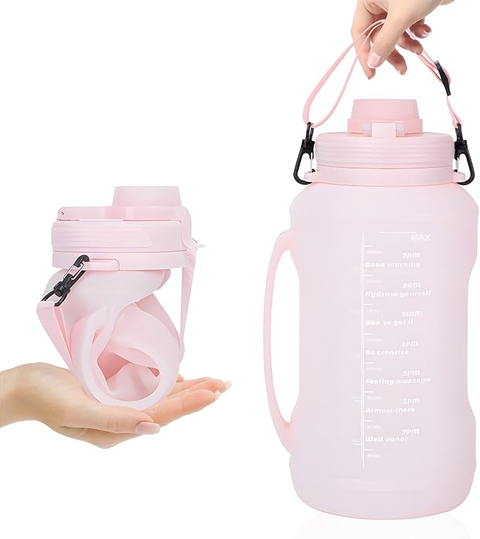 Collapsible 64oz Water Bottle with Handle & Straw - Spill-Proof Foldable Silicone Bottle for Men/Women (Pink, 2L)