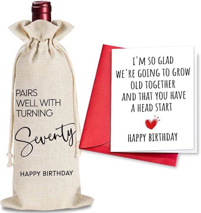 70th Birthday Gifts for Women Men, 70 Years Old Birthday Wine Bag, 70th Birthday Decorations, Happy 70th Birthday Party Wine Bag Gifts, Pairs Well With Turning 70, 1 Wine Bag With 1 Birthday Card