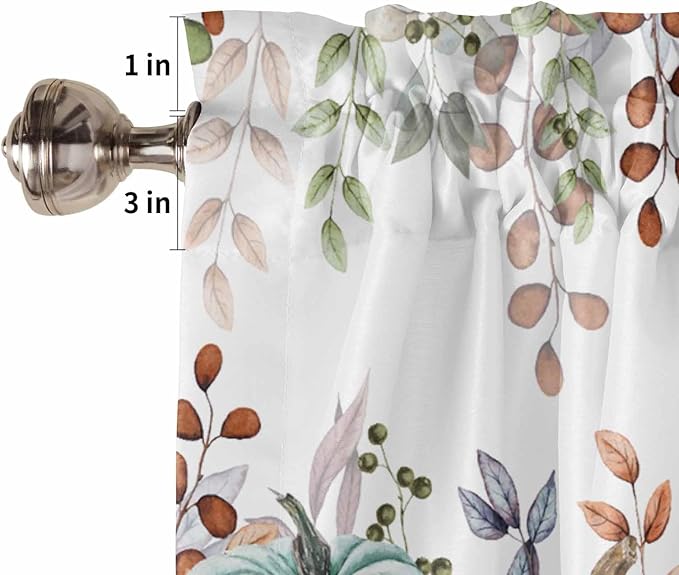 Fall Thanksgiving Kitchen Curtains Valances for Windows Autumn Pumpkins Eucalyptus Leaves Rod Pocket Window Treatment for Kitchen /Living Room/Bedroom/ Bathroom, 42" X 12", Blue Sage Green Orange