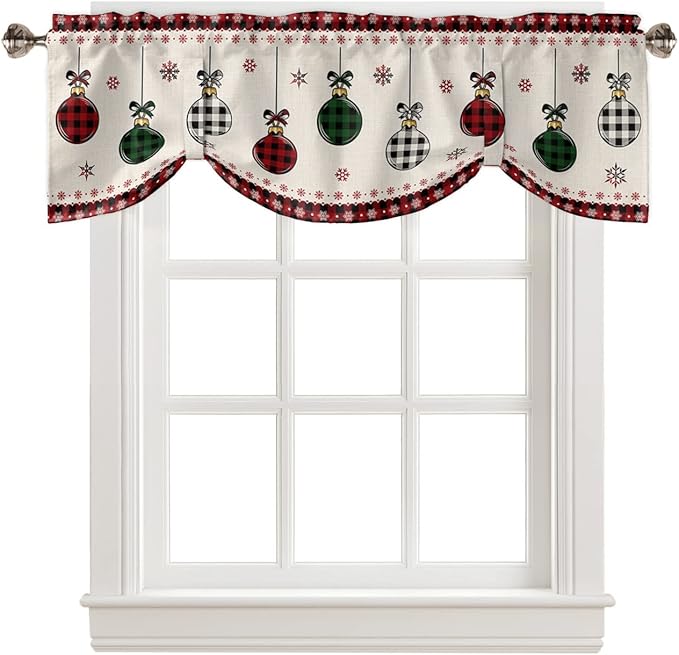 Christmas Blackout Tie Up Valance Curtains for Kitchen Windows Vintage Buffalo Plaid Christmas Balls Window Toppers Balloon Shades for Living Room/Bathroom/Bedroom,1 Panel,42" X 18" Farmhouse