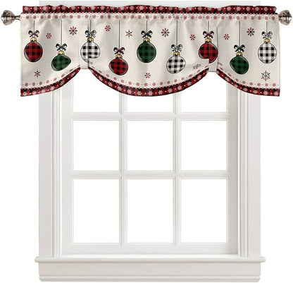 Christmas Blackout Tie Up Valance Curtains for Kitchen Windows Vintage Buffalo Plaid Christmas Balls Window Toppers Balloon Shades for Living Room/Bathroom/Bedroom,1 Panel,42" X 12" Farmhouse