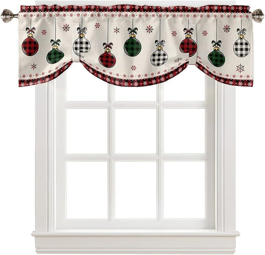 Christmas Blackout Tie Up Valance Curtains for Kitchen Windows Vintage Buffalo Plaid Christmas Balls Window Toppers Balloon Shades for Living Room/Bathroom/Bedroom,1 Panel,60" X 18" Farmhouse