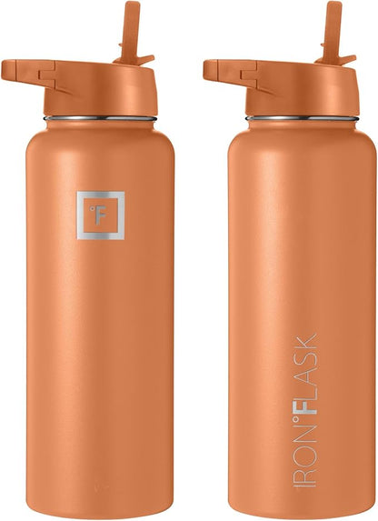 IRON °FLASK Sports Water Bottle - Wide Mouth with 3 Spout Lids - Stainless Steel Gym & Outdoor Bottles for Men, Women & Kids - Double Walled, Insulated Thermos, Metal Canteen - Clementine, 40 Oz