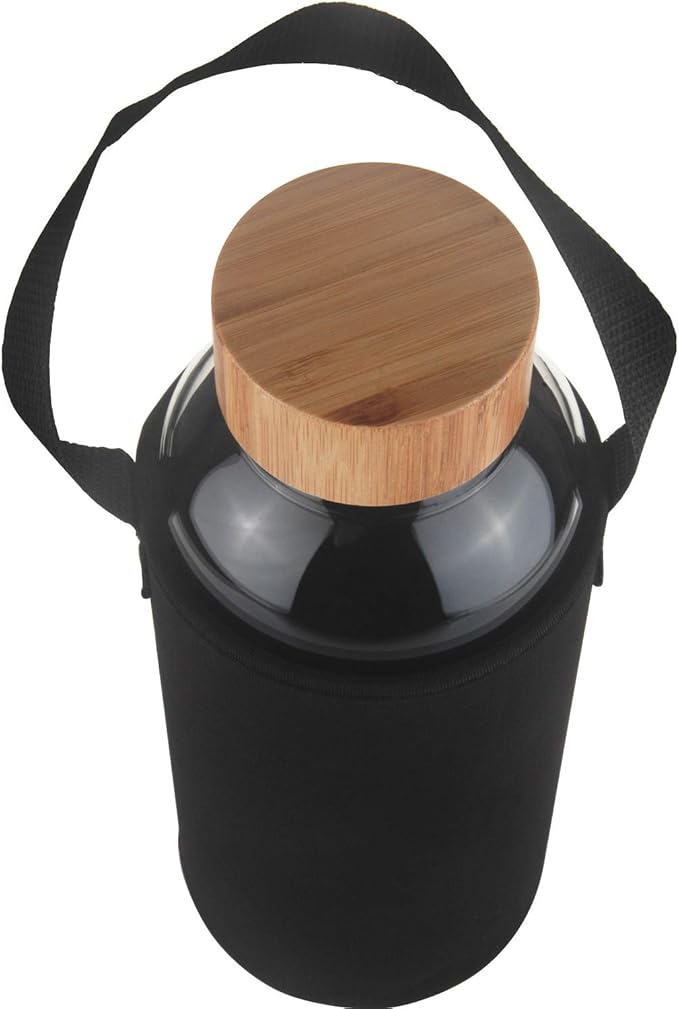 48 oz Sports Borosilicate Glass Water Bottle with Bamboo Lid with Neoprene Sleeve