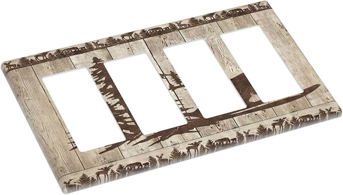 Rustic Wood Bear Forest 4 Gang Rocker Decora Light Switch Cover Vintage Antique Cabin Decorative Outlet Covers Wall Plate Electrical Faceplate Switchplate GFCI for Farmhouse Bathroom Bedroom Decor