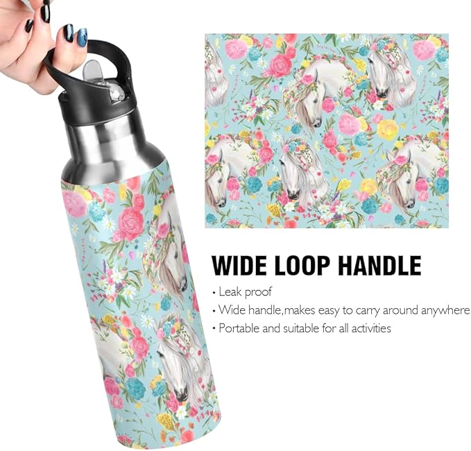 MNSRUU Insulated Water Bottle with Straw, Rainbow and Unicorns Stainless Steel Flasks for Sports Cycling Hiking School