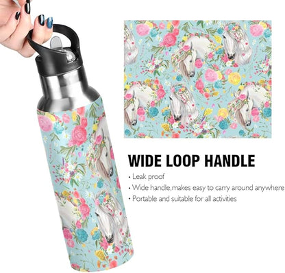 MNSRUU Insulated Water Bottle with Straw, Rainbow and Unicorns Stainless Steel Flasks for Sports Cycling Hiking School
