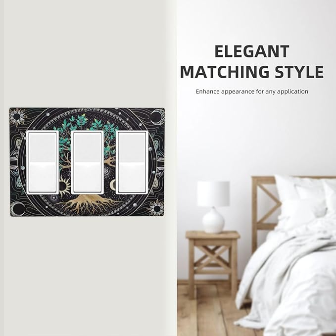 Tree of Life Blackground 3 Gang Rocker Light Switch Plate Hippie Sun Moon Star Triple Decora Outlet Wall Plate Cover Faceplate Decorative Switchcovers GFCI for Bathroom Bedroom Living Room Decorate
