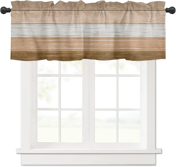 Farmhouse Kitchen Curtains Summer Fall Valances for Windows ,Brown Beach Fall Rod Pocket Country Window Treatment for Kitchen/Living Room/Bedroom/ Bathroom,60" X 18" -1 Panel, Rustic Barn Wood Texture