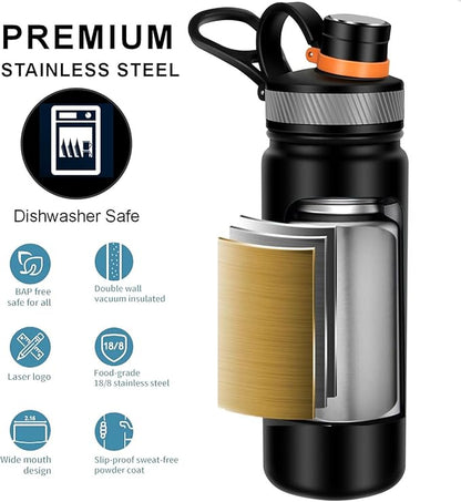 22 oz Double Wall Vacuum Insulated Stainless Steel Water Bottle with Spout Lid BPA Free (BLACK, 22 OZ)