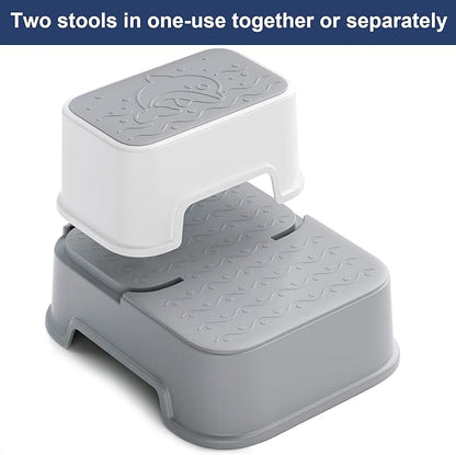 2 Step Stool for Kids (2 Packs),Double up Step Stool for Bathroom,Potty Training,Toilet Stool, Slip Resistant,Two Step Stool for Sink(Grey)