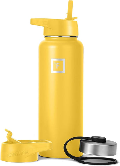 IRON °FLASK Sports Water Bottle - Wide Mouth with 3 Spout Lids - Stainless Steel Gym & Outdoor Bottles for Men, Women & Kids - Double Walled, Insulated Thermos, Metal Canteen - Honey Yellow, 40 Oz