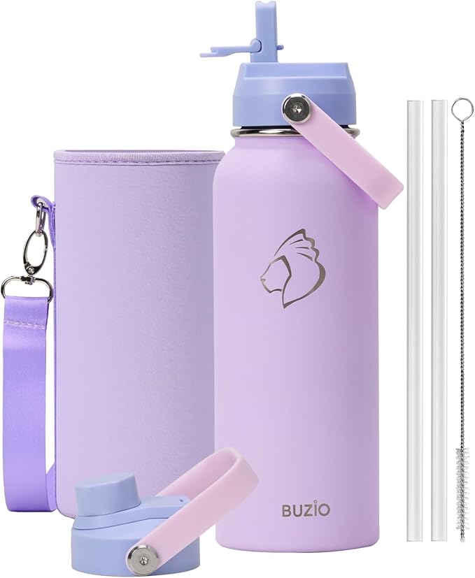 40 oz Insulated Water Bottle with Straw Lid, BUZIO Stainless Steel Water Flask Keep Cold 48h with Carrying Pouch, Lead-Free Double Wall Vacuum Thermo Tumbler Leak Proof Sport Metal Canteen, Purple