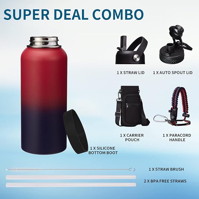 Insulated Water Bottle 32 oz - Straw & Chug Lid, Paracord Handle, Metal Water Bottles Holder with Strap, Water Bottle Boot, Triple Wall Vacuum Flask Thermo Flask with Straw Keep Cold 48H Hot 24H