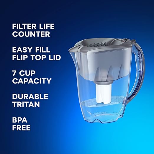 AQUAPHOR Ideal 7-Cup Water Filter Pitcher - Grey with 3 x B15 Filters - Fits in The Fridge Door - Reduces Limescale and Chlorine - Ideal for Seven Cups