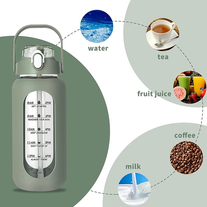 64oz Glass Water Bottle with Straw - Half Gallon Large Motivational Water Bottle with Silicone Sleeve Time Marker, Ideal for Gym, Sports, Workouts, Daily